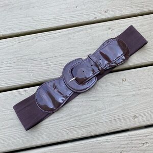 Brown 2.5”W elastic band belt & brown patent leather trim, Fits 26”-32” waist